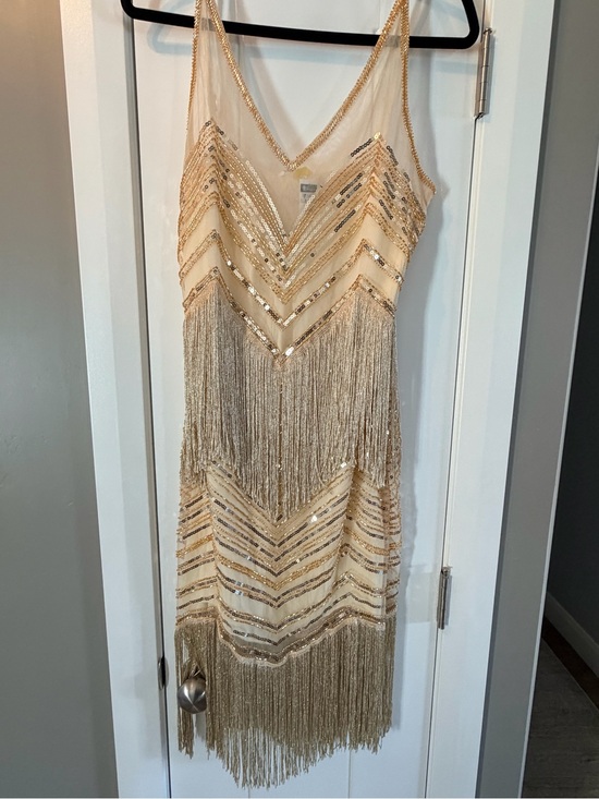 Jessa Dresses & Skirts - Gold Sequin Fringe Mini Dress with V-Neck Spaghetti Straps